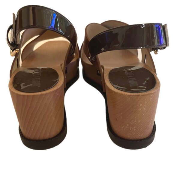 Jimmy Choo 2-Tone Brown Leather, Wood & Patent Leather Wedge Stud Sandals Size 5 main image 3